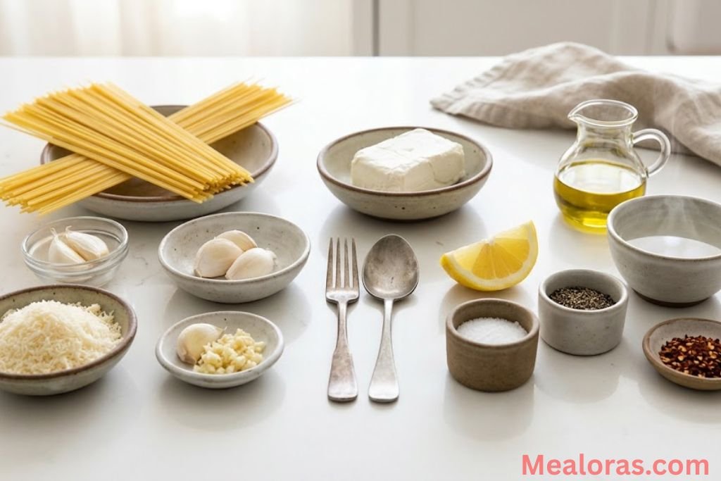 Raw pasta, cream cheese, fresh garlic cloves, olive oil, a block of Parmesan cheese, and dried chili flakes laid out neatly on a white kitchen table