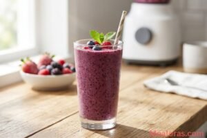 A vibrant purple berry protein smoothie in a tall glass with a straw on a bright morning kitchen counter