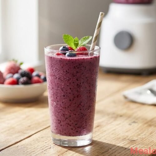 A vibrant purple berry protein smoothie in a tall glass with a straw on a bright morning kitchen counter