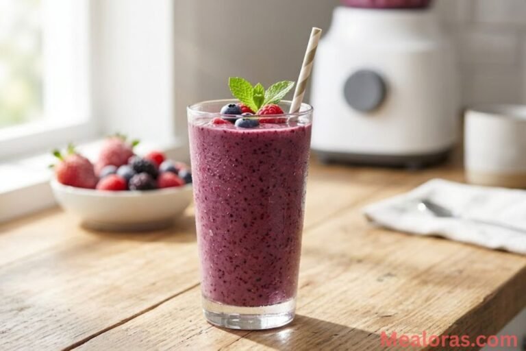 A vibrant purple berry protein smoothie in a tall glass with a straw on a bright morning kitchen counter