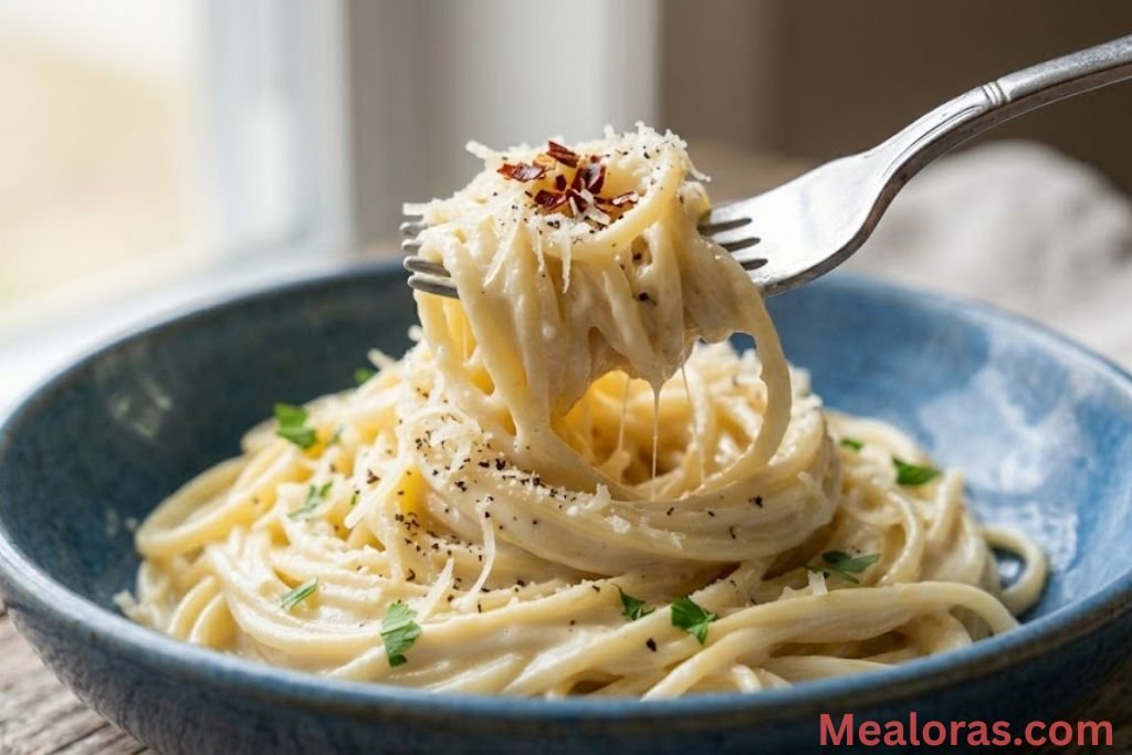 A piping hot serving of creamy garlic noodles in a shallow ceramic dish, finished with an extra drizzle of high-quality olive oil