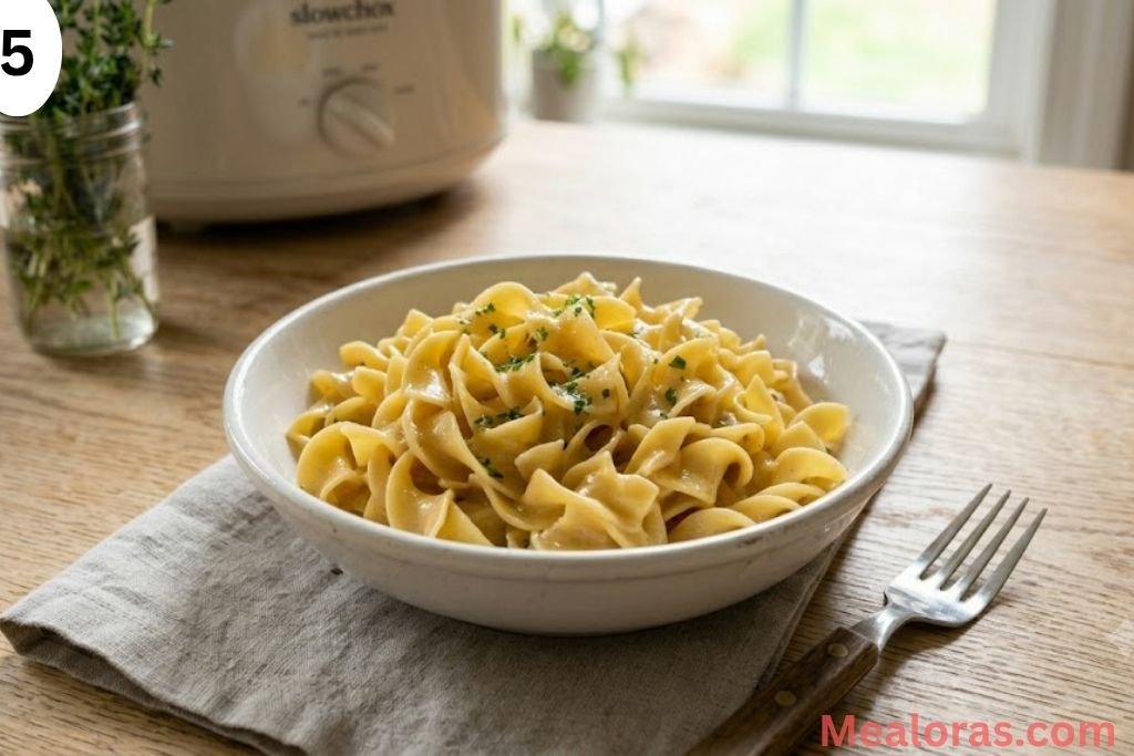 A steaming plate of glossy, buttery egg noodles served alongside roasted chicken breast and fresh green vegetables, capturing a complete, non-alcoholic family dinner
