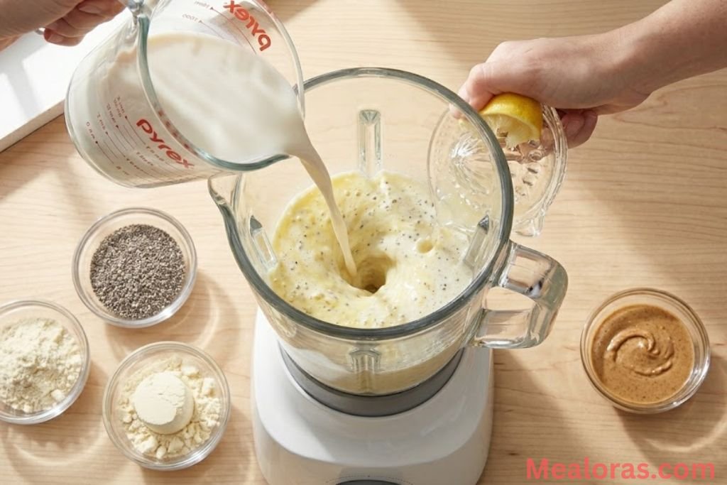 Grid showing liquid almond milk, lemon juice, chia seeds, nut butter, and vanilla protein powder added into a blender base