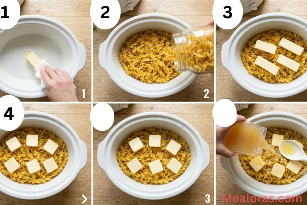 A four-panel step-by-step collage showing a greased slow cooker insert, adding dry egg noodles, topping with sliced butter pads, and pouring savory chicken broth over the top before a gentle stir