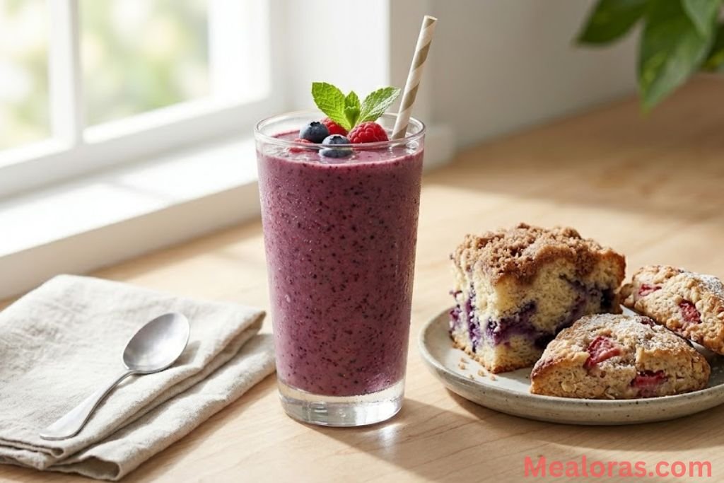 A frosty glass of berry protein smoothie served on a table next to a plate of fresh morning baked goods