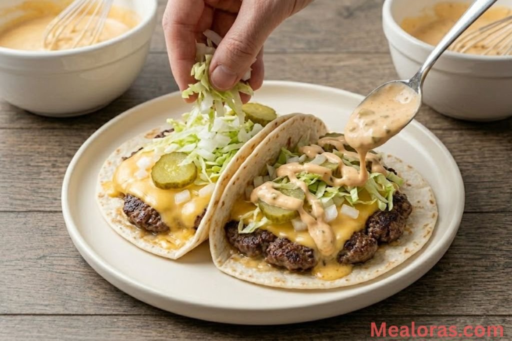 A beautiful platter of assembled cheesy beef wraps drizzled generously with special sauce, ready to be served immediately for dinner