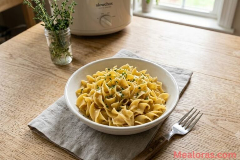 glossy, rich 3-ingredient slow cooker butter noodles served in a white ceramic bowl, showcasing the soft and velvety texture of the egg noodles