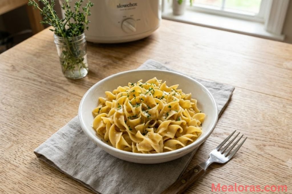 glossy, rich 3-ingredient slow cooker butter noodles served in a white ceramic bowl, showcasing the soft and velvety texture of the egg noodles