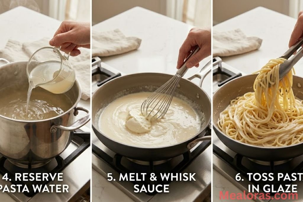 A split panel showing cream cheese and hot cooking liquid melting into a smooth sauce, and drained noodles being tossed into the glossy mixture