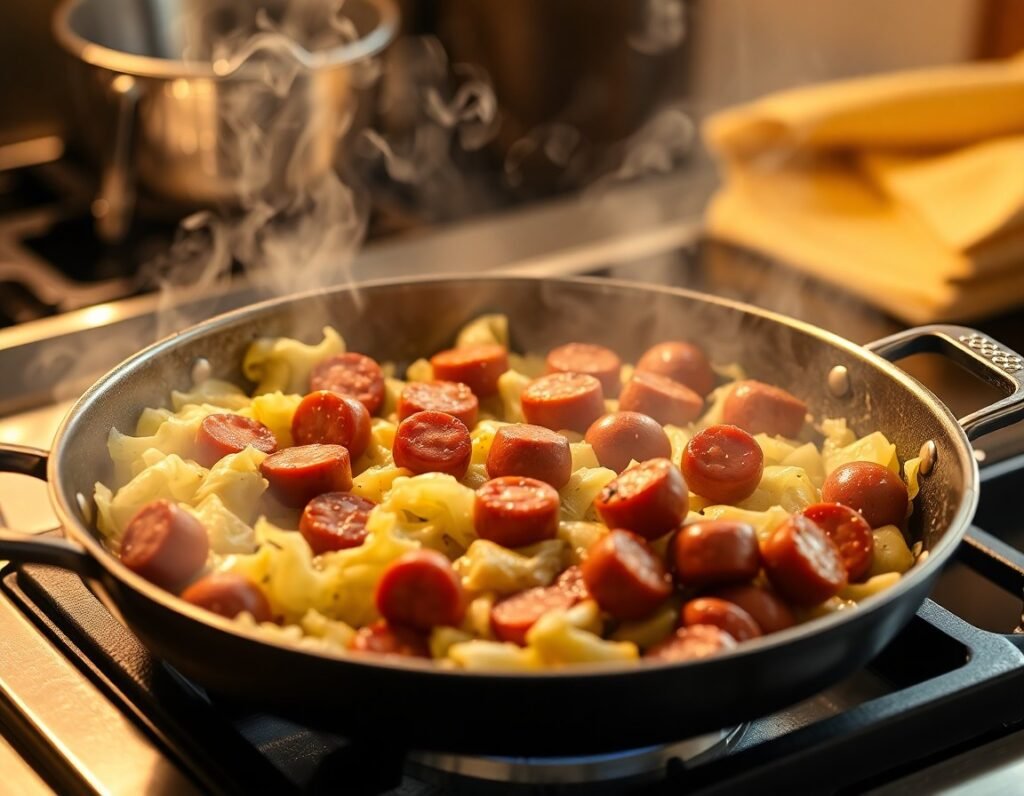 Cabbage and Sausage Skillet cooking