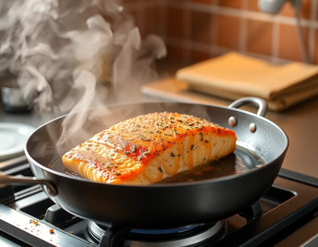 Crispy Salmon cooking