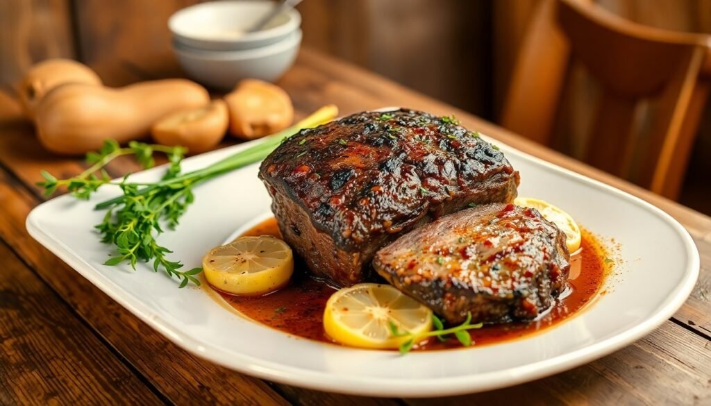 Garlic Beef Roast serving