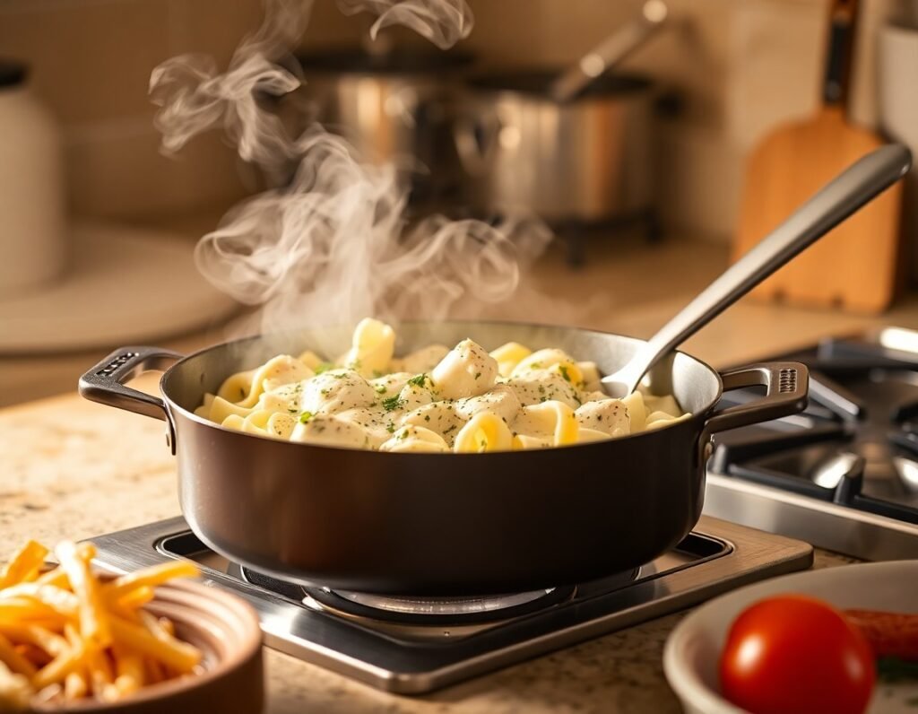 One-Pot Chicken Alfredo cooking